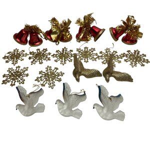 Christmas Tree Ornaments Set Red Bells Gold Snowflakes & Doves C144